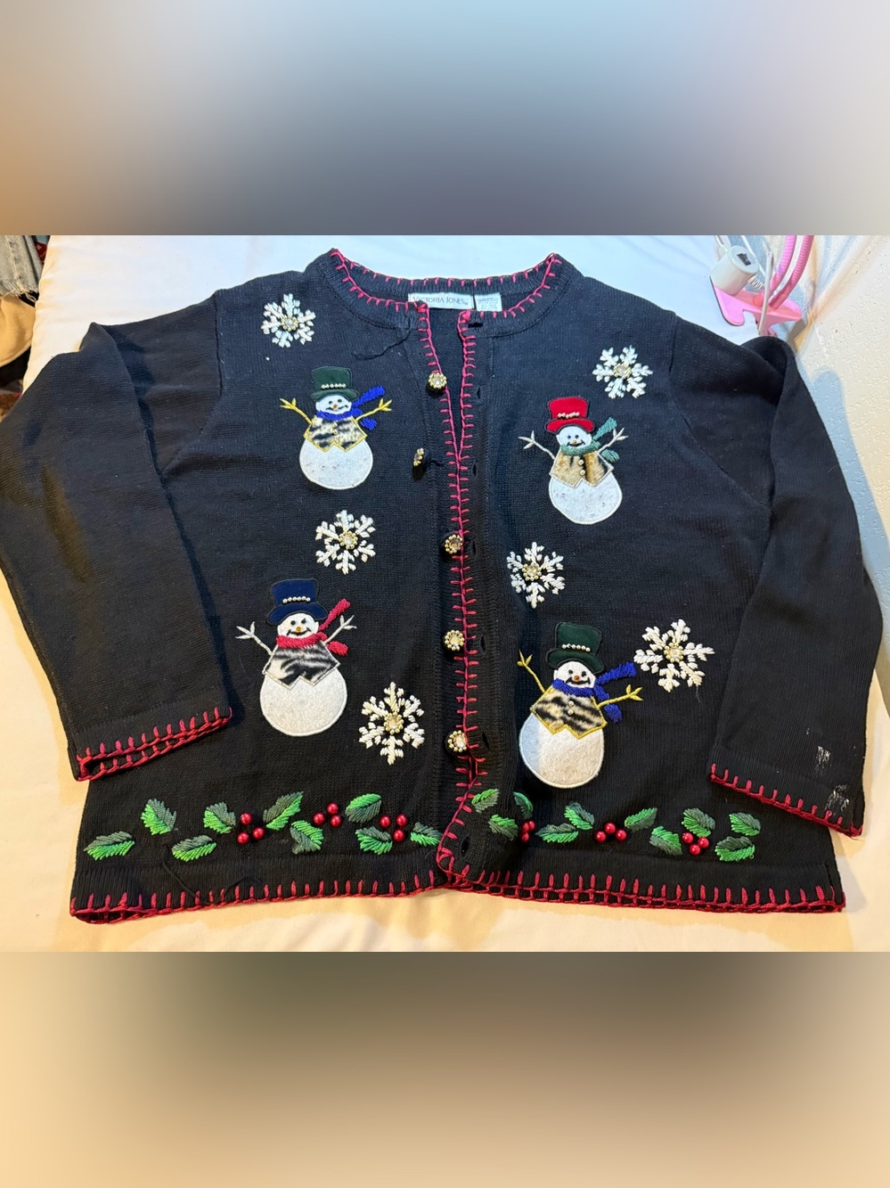 Victoria Jones Woman Black Holiday Snowman Cardigan with Red Trim